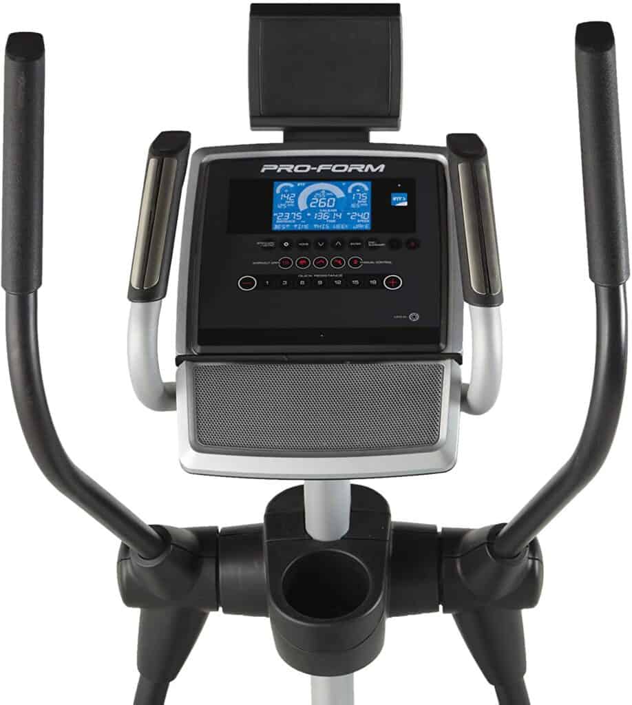 The console and the handlebars of the ProForm Endurance 520 E Elliptical Trainer 