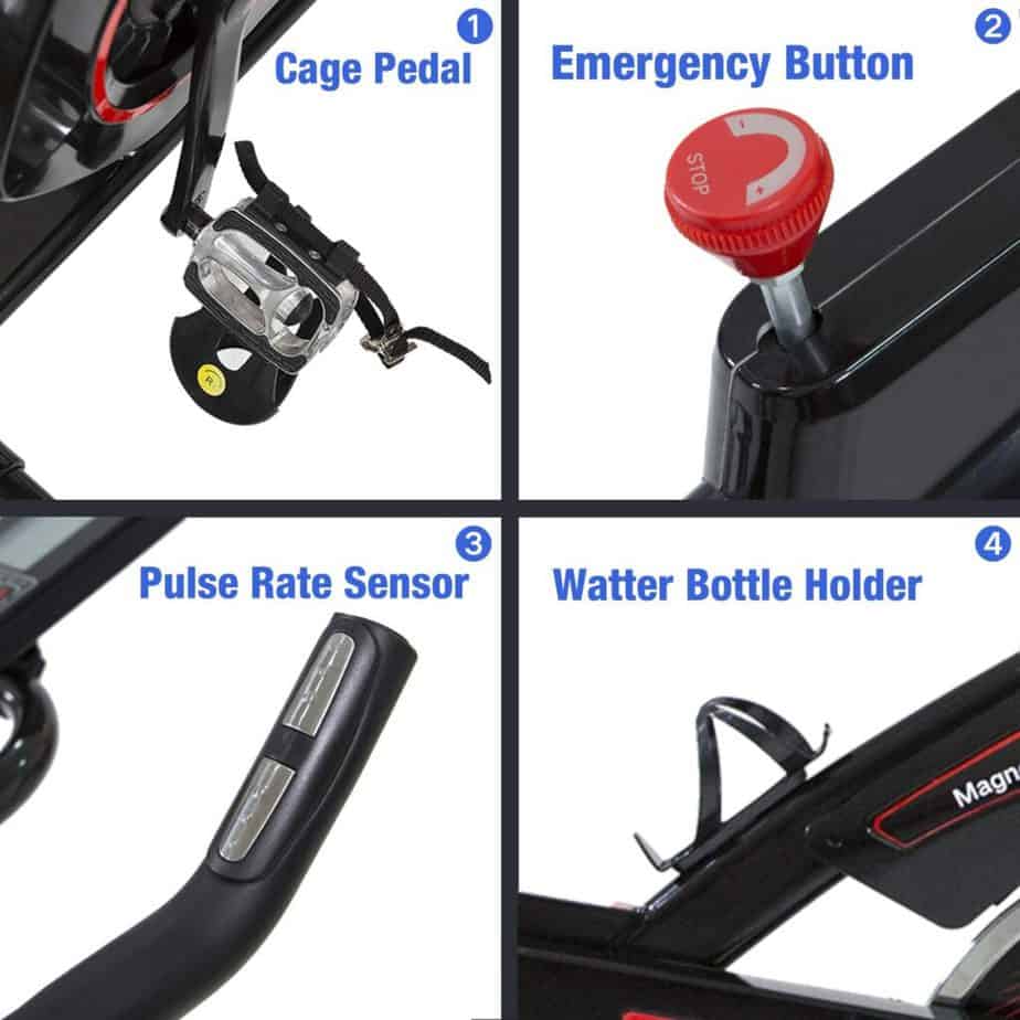 The pedal, tension knob, heart rate sensors grip, and water bottle holder of the SNODE 8731 Indoor Cycling Bike 