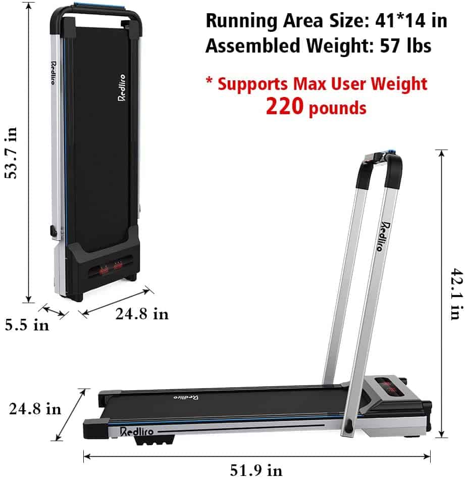 The fully assembled version of the Redliro Under Desk 2-in-1 Treadmill and the folded version