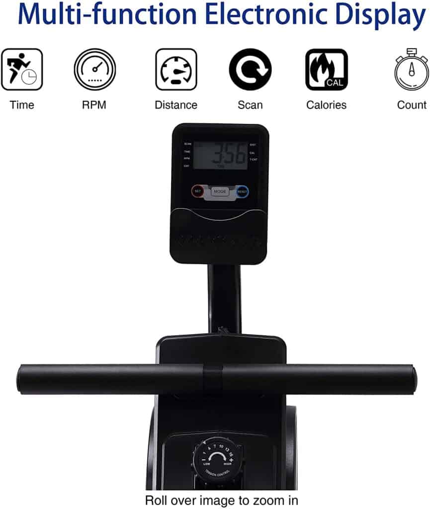 The console and the handlebar of the ECHANFIT CRW 4901 Magnetic Rowing Machine 