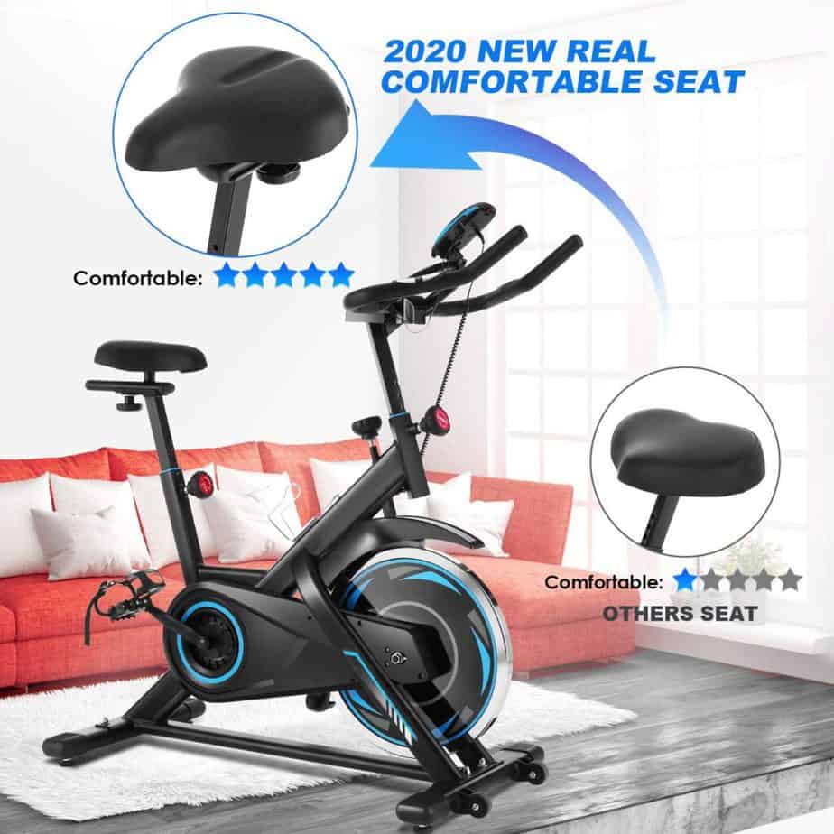 The padded seat of theFUNMILY Indoor Stationary Exercise Bike