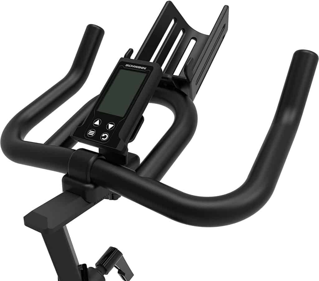 The console, the handlebar, the water bottle and tablet holders of the Schwinn IC3 Indoor Cycling Exercise Bike