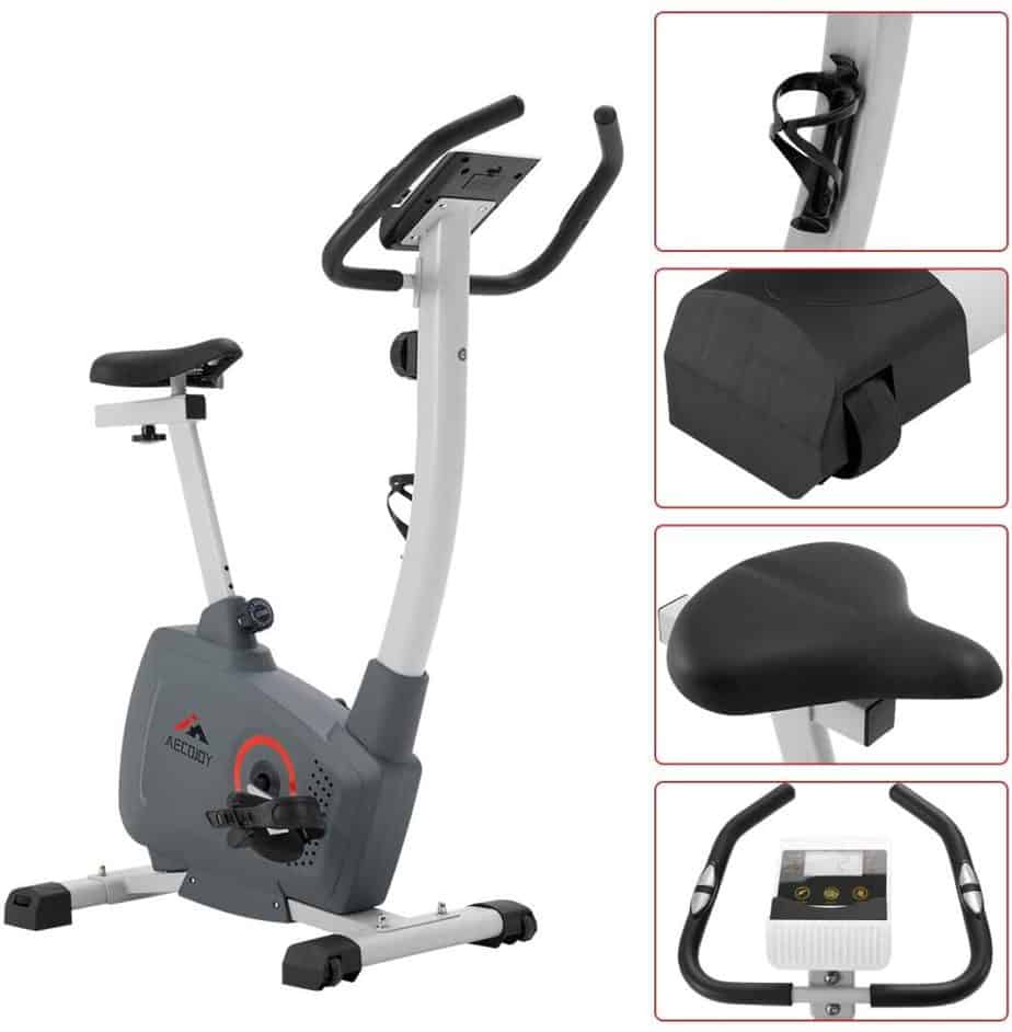 The water bottle holder, transport wheel, seat, the console, and the handlebar of the AECOJOY Upright Magnetic Exercise Bike