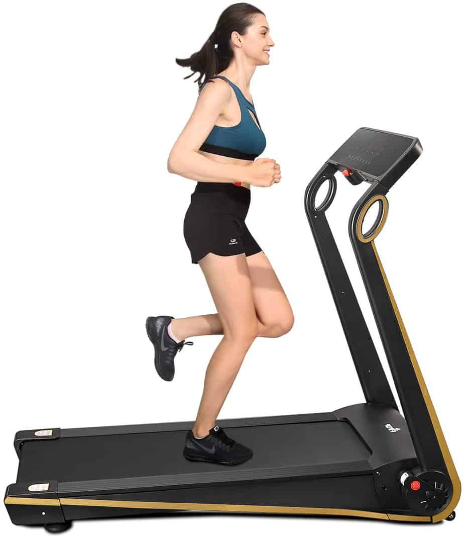 A lady jogs on the Fisup Foldable Smart Home & Office Treadmill