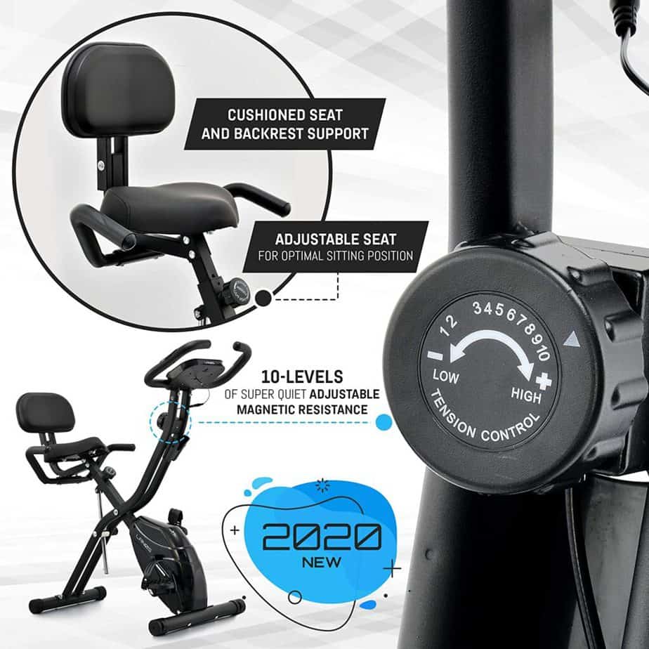 The seat, and the tension control knob of the Lenos Semi-Recumbent 3-in-1 Folding Indoor Exercise Bike 