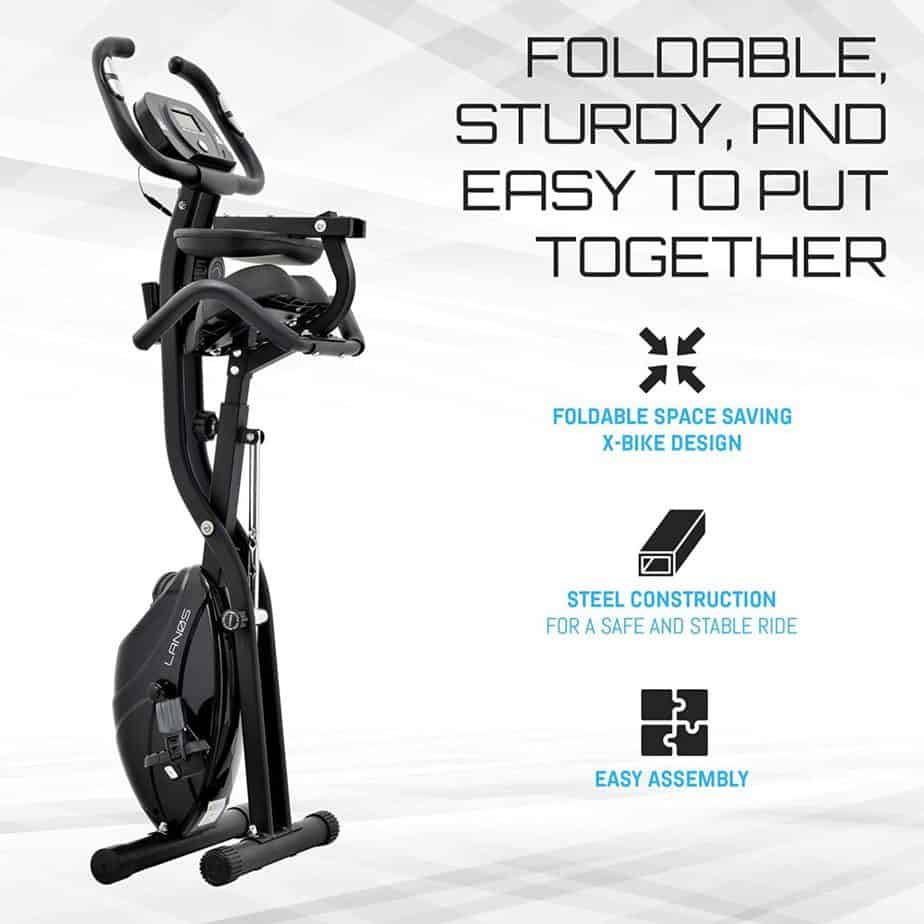 The Lenos Semi-Recumbent 3-in-1 Folding Indoor Exercise Bike is folded for storage