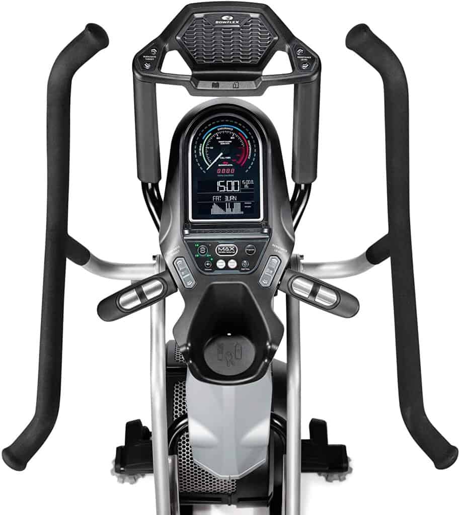 The console,handlebars, and the tablet and water bottle holders of the Bowflex Max Trainer M7