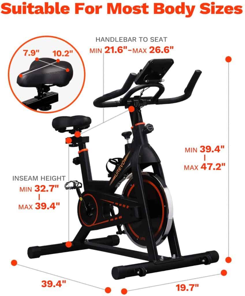 The 4-way adjustable cushioned and comfortable seat of the UREVO Belt Drive Indoor Cycling Bike