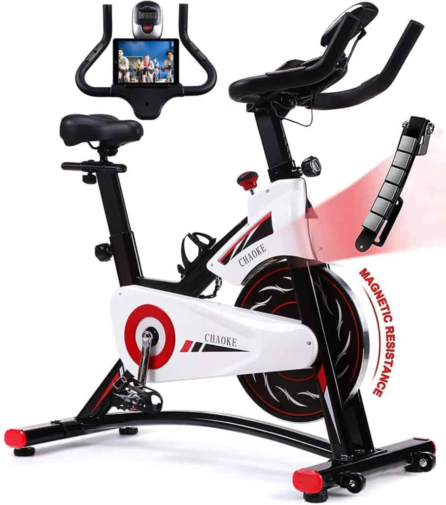 CHAOKE 8733 Indoor magnetic Exercise Bike with a tablet device on the holder