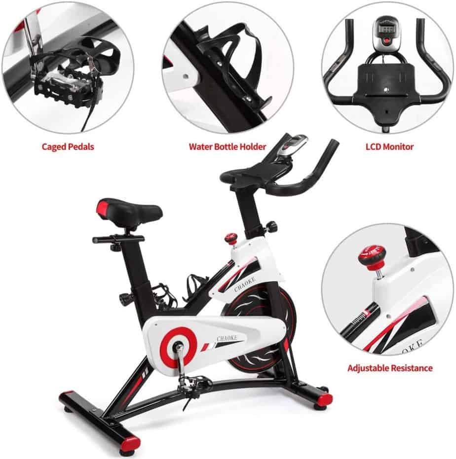 The toe caged pedals, water bottle holder, handlebar with console, and tension knob of the CHAOKE 8733 Indoor magnetic Exercise Bike 