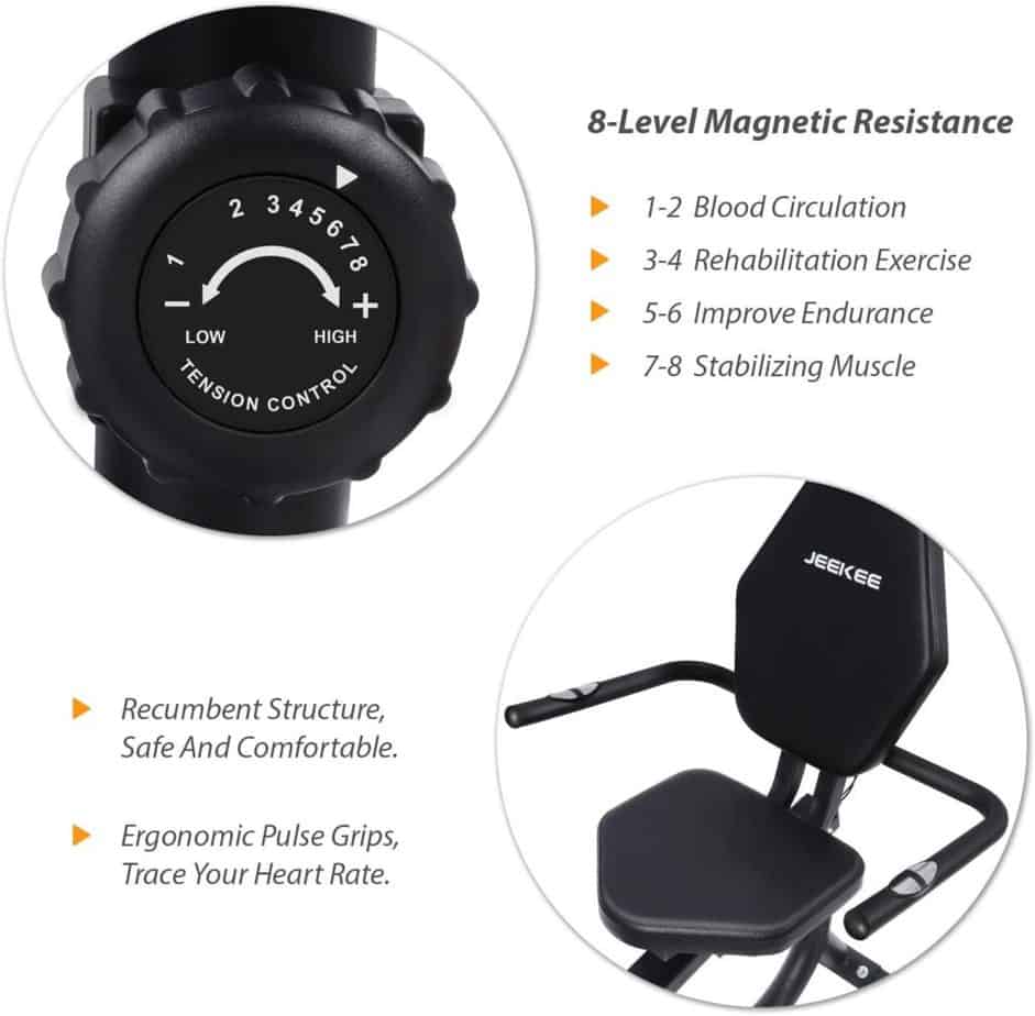 The seat and the tension control knob of the JEEKEE Magnetic Recumbent Exercise Bike