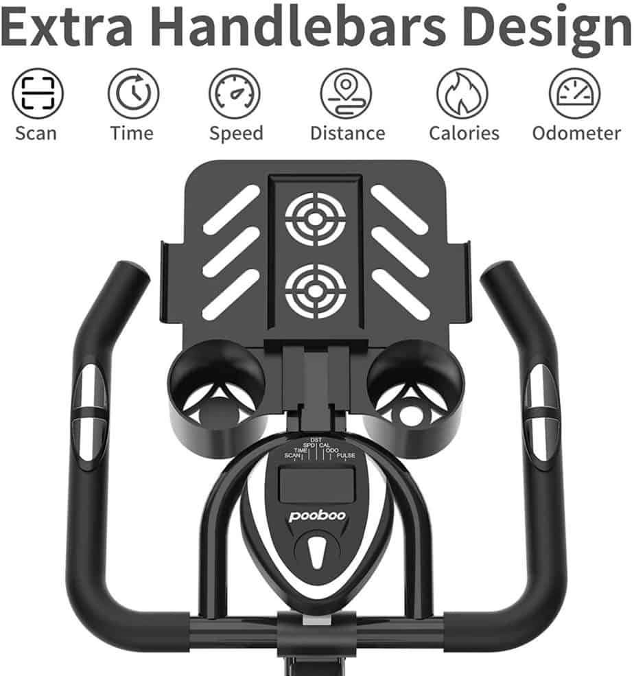 The handlebar, the console, and the tablet holder of the Pooboo S2 D721 Indoor Cycling Bike