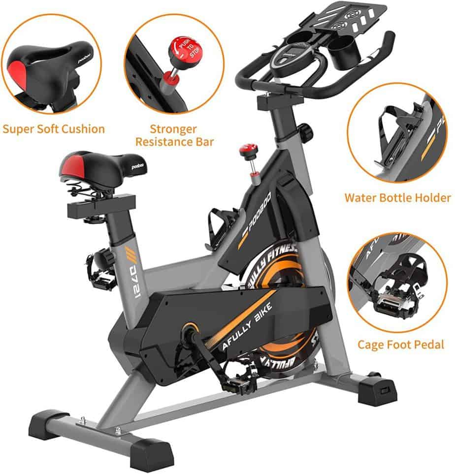 The seat, tension knb, water bottle holder, and the pedal of the Pooboo S2 D721 Indoor Cycling Bike