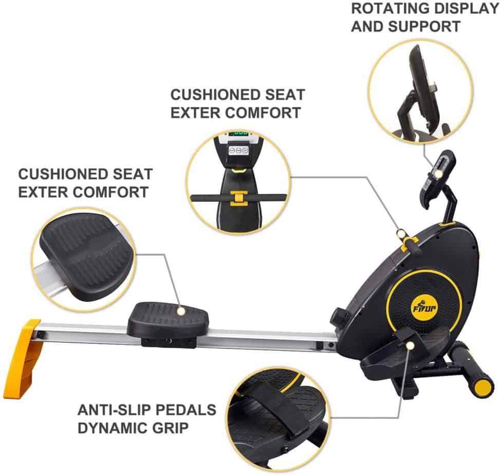 The seat, the handlebar, and the pedals of the FISUP Indoor Magnetic Rowing Machine 