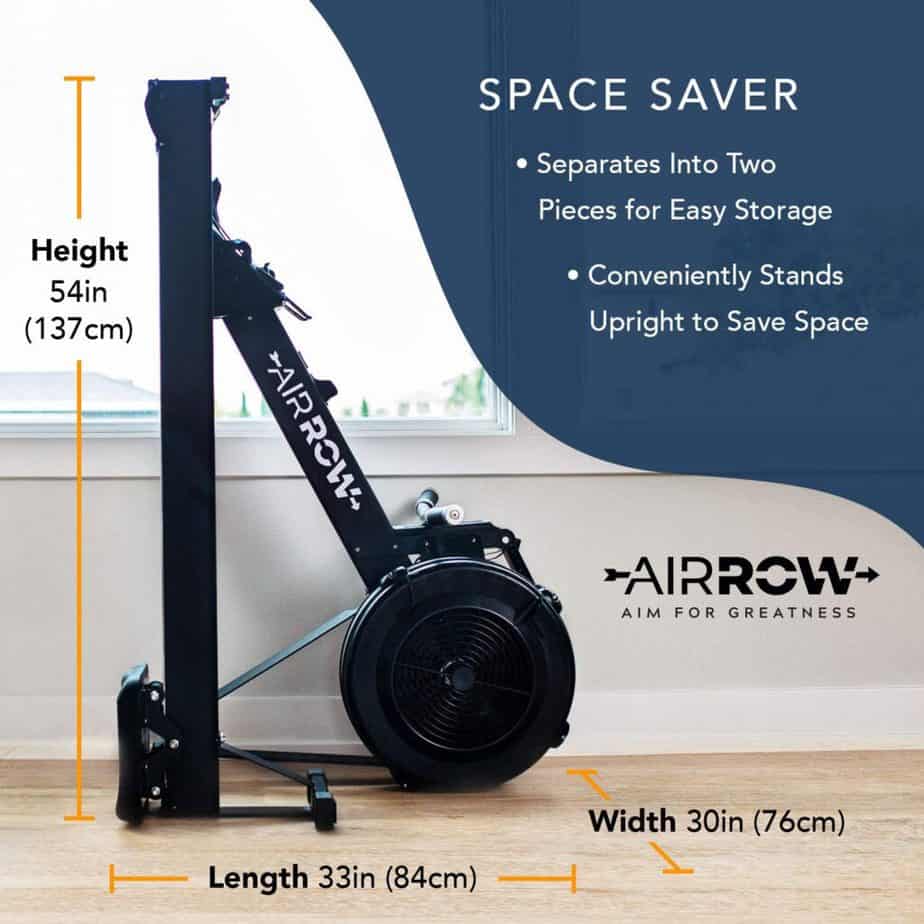 The AirRow Fitness Rowing Machine is folded for storage