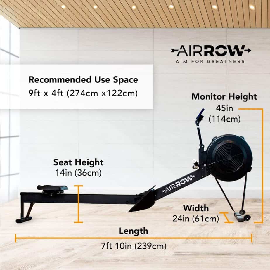 The AirRow Fitness Rowing Machine and its dimensions