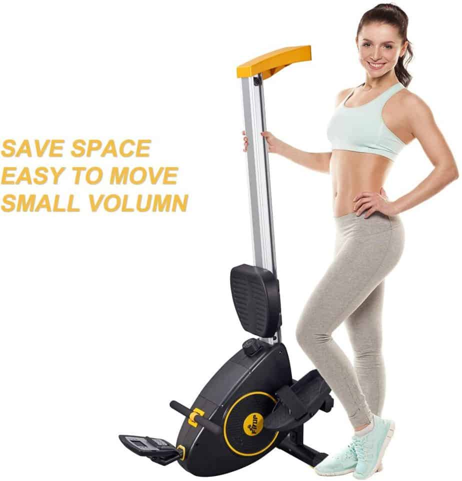 A user poses with the vertically positioned FISUP Indoor Magnetic Rowing Machine 