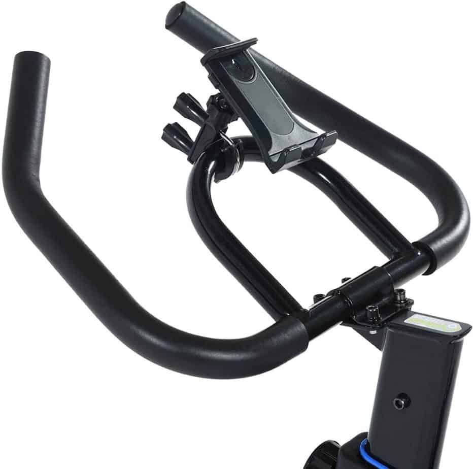 The multi-grip handlebar of the Exerpeutic LX 3000 Indoor Cycling Exercise Bike (4210) with a tablet holder