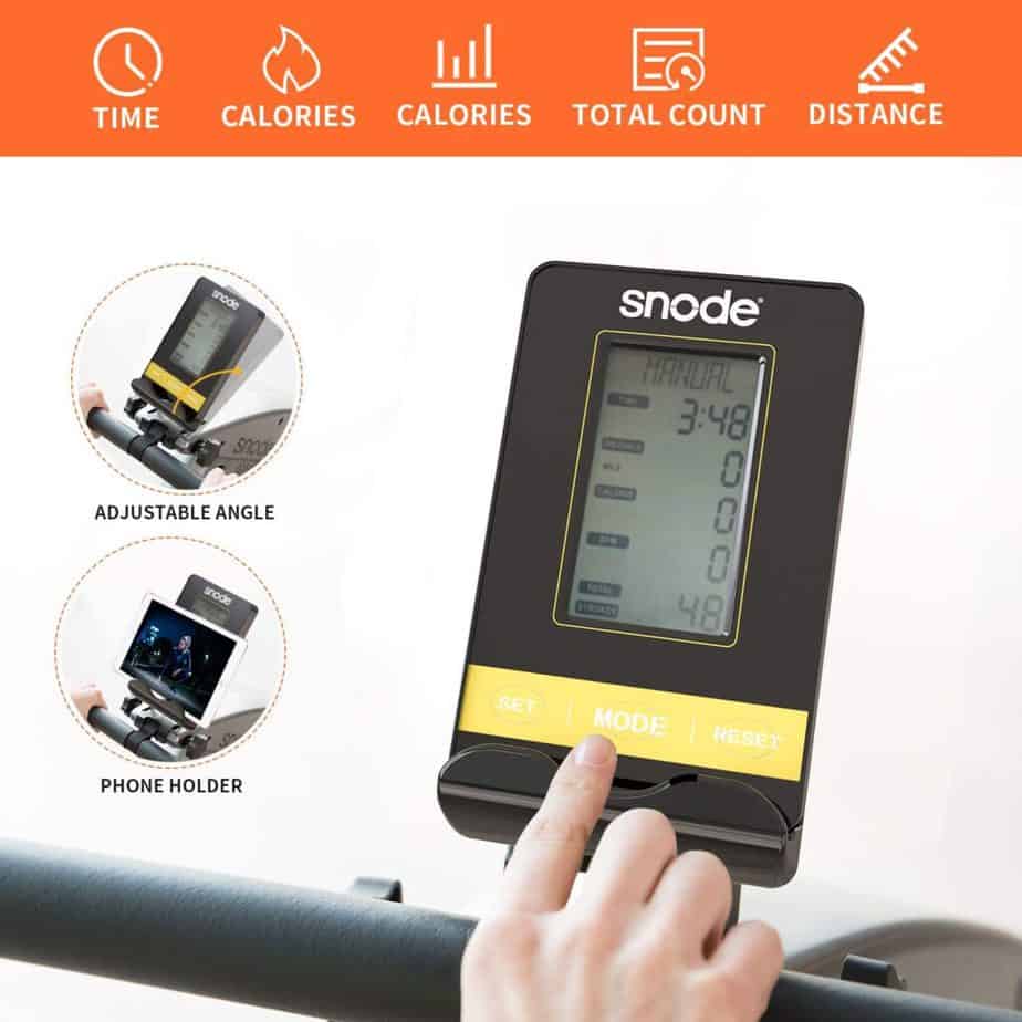 The console/monitor of the SNODE S600 Bluetooth Magnetic Rowing Machine