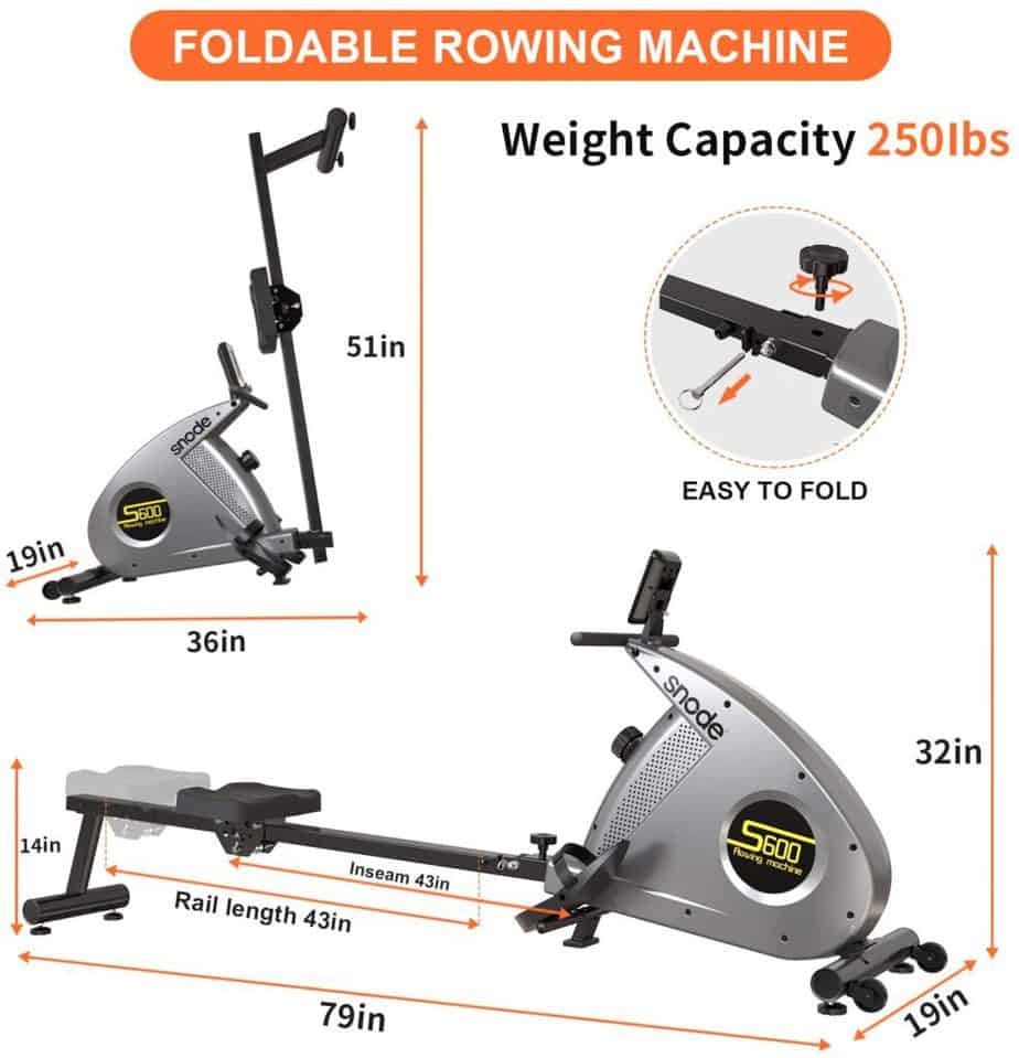 The folded and unfolded dimensions of the SNODE S600 Bluetooth Magnetic Rowing Machine