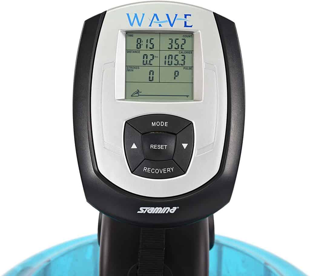 The LCD monitor of the Stamina 35-1450 Elite Wave Water Rower displays multiple workout data