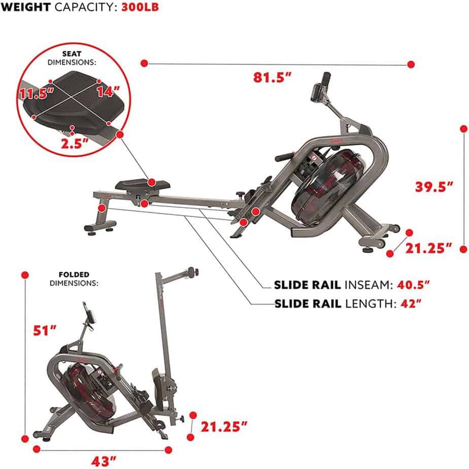 The seat and the folded version of the Sunny Health & Fitness SF-RW5910 Phantom Hydro Water Rower