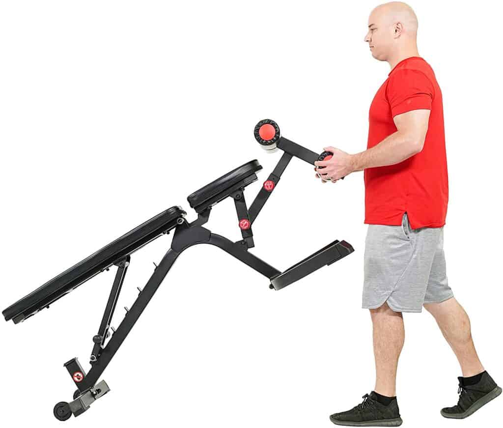 A man pushes the SF-BH6920 Weight Bench to storage area