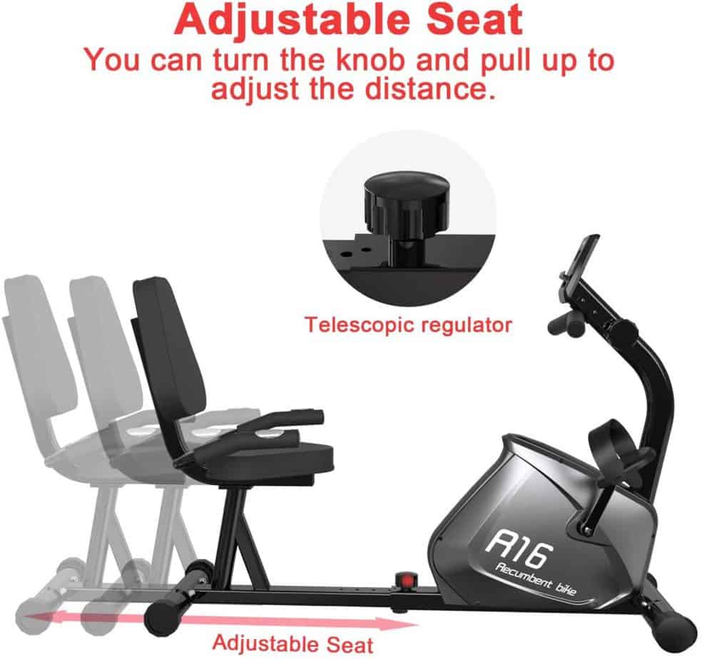 The adjustable frame/seat of the SNODE R16 Magnetic Recumbent Bike