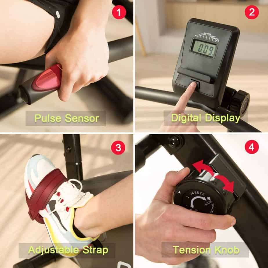 The console, footpedal, resistance adjustment knob, and the heart rate sensors of the SNODE R16 Magnetic Recumbent Bike