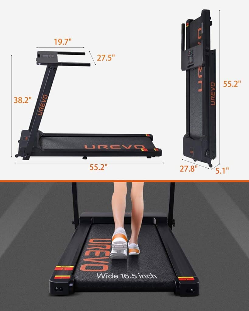 Folded and unfolded versions of the UREVO Foldable Under-Desk 2.5 HP Treadmill 