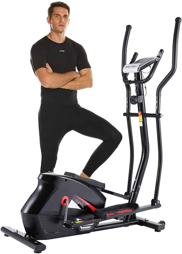 An athlete poses by the ANCHEER EM530 Magnetic Elliptical Trainer