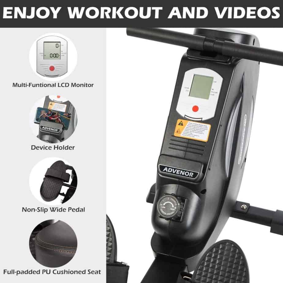 The console/monitor, pedal, and the seat of the Advenor Foldable Magnetic Rowing Machine