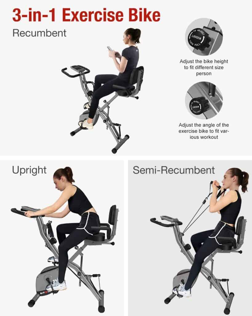 The BARWING Folding Upright Bike is being ridden in an upright, semi-recumbent,, and recumbent positions by a lady