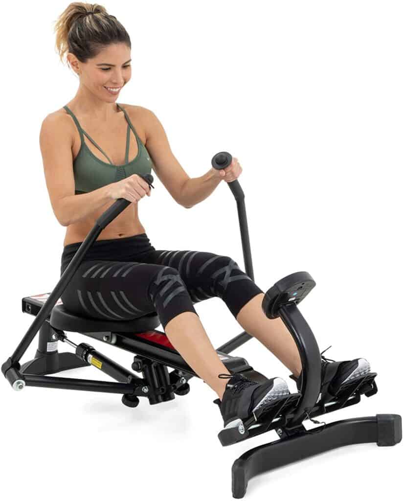 A lady works out with the Lenos Hydraulic Rowing Machine