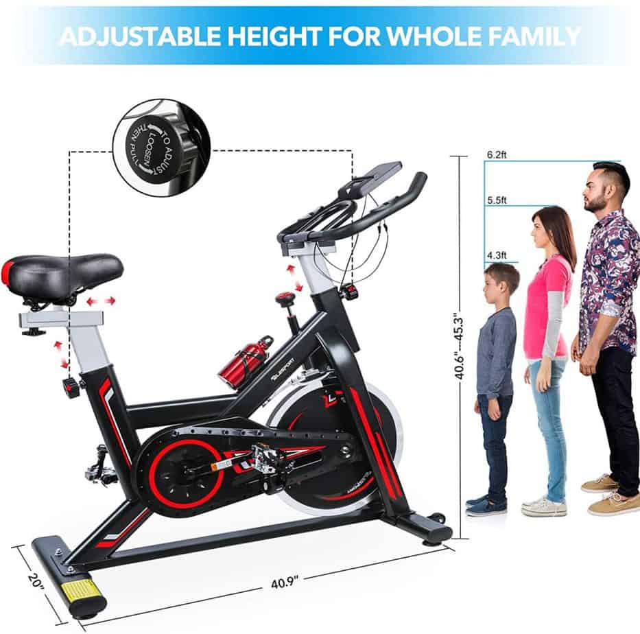 The seat adjustment of the TELESPORT Indoor Cycling Bike enables users betweeh the heights of 4'6''-6'2'' to use it