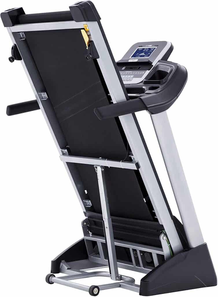 The folded Spirit Fitness XT185 Folding Treadmill 