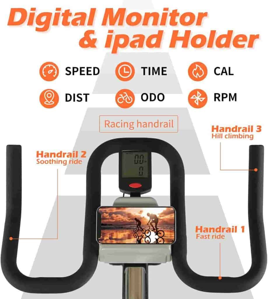 The handlebar, tablet holder, and the console of the ADVENOR Magnetic Resistance Exercise Bike 