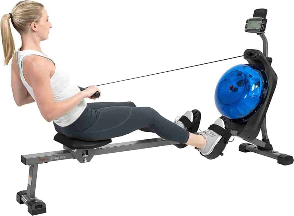 A lady exercises with the Sunny Health & Fitness SF-RW5809 Hydro-Plus Resistance Rower
