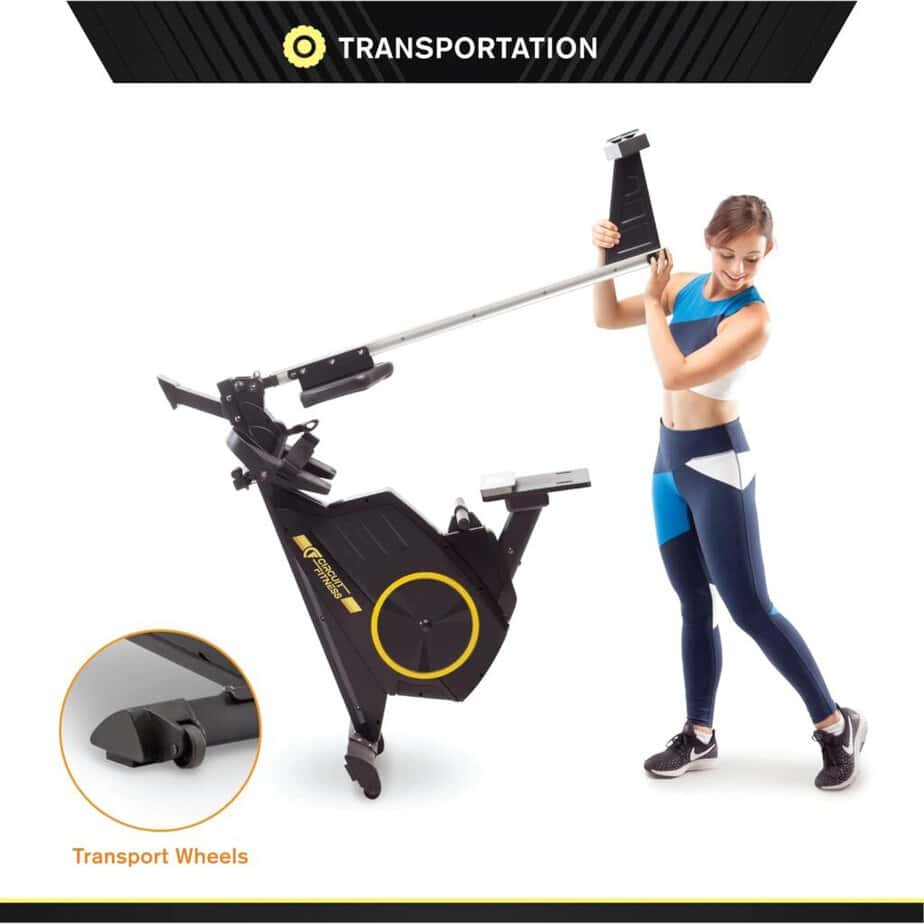 Lady folds and moves the Circuit Fitness AMZ-986RW-BT Magnetic Rowing Machine to a storae area