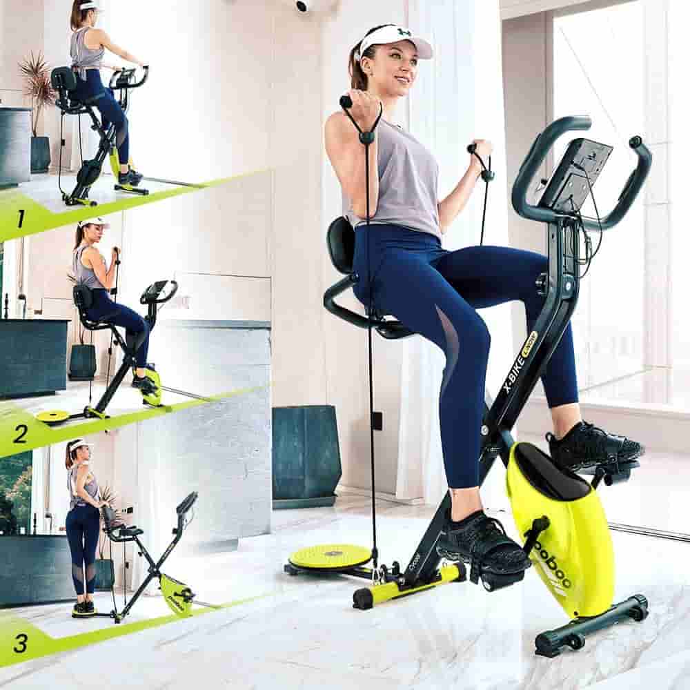 A lady exercises with the Pooboo X630 Folding 3-in-1 Exercise Bike and its arm resistance bands