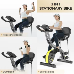 A lady exercises with the Pooboo X630 Folding 3-in-1 Exercise Bike and its arm resistance bands