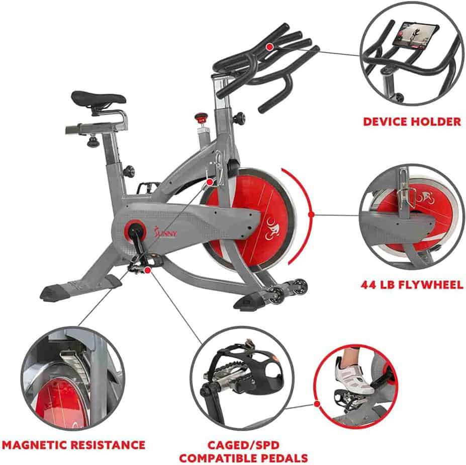 The magnetic resistance, dual-sided pedals, 44 lbs./19.95 kg high inertia flywheel, the handlebar, and the tablet holder of the Sunny Health & Fitness SF-B1711 AeroPro Indoor Cycling Bike