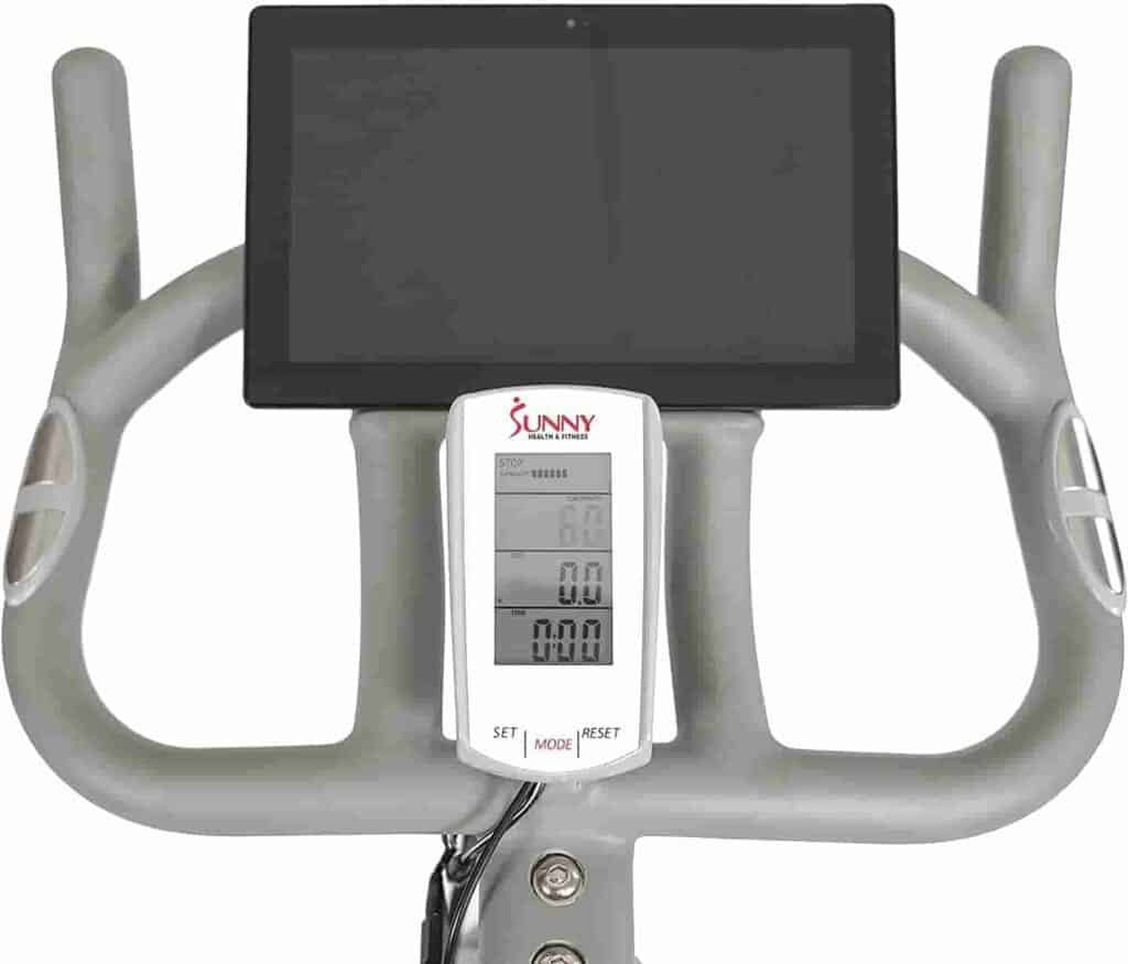 The console and the tablet holder of the Sunny Health & Fitness SF-B1876 Magnetic Resistance Cycling Bike