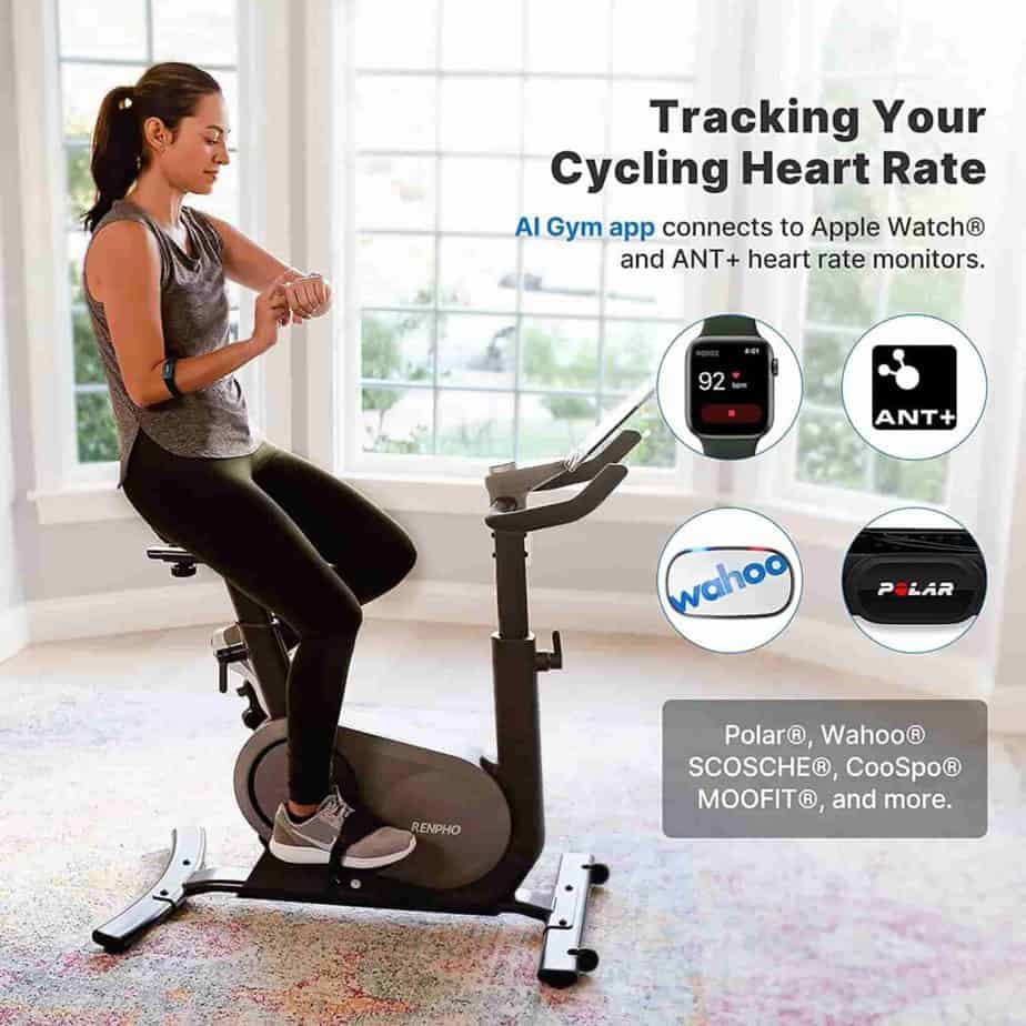 The RENPHO AI-Powered Upright Bike is compatible with wireless HR chest strap and Apple Watch