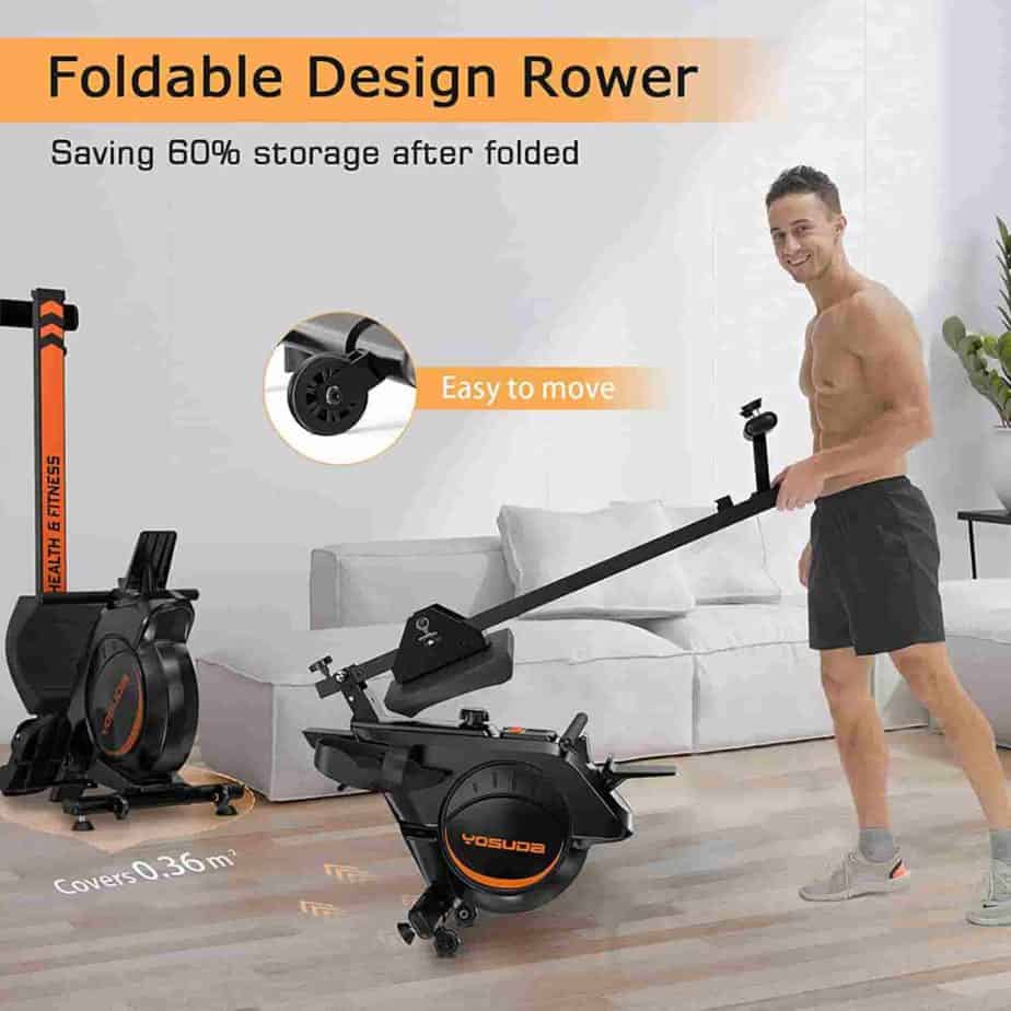A man moves the YOSUDA 100 Magnetic Rower for storage