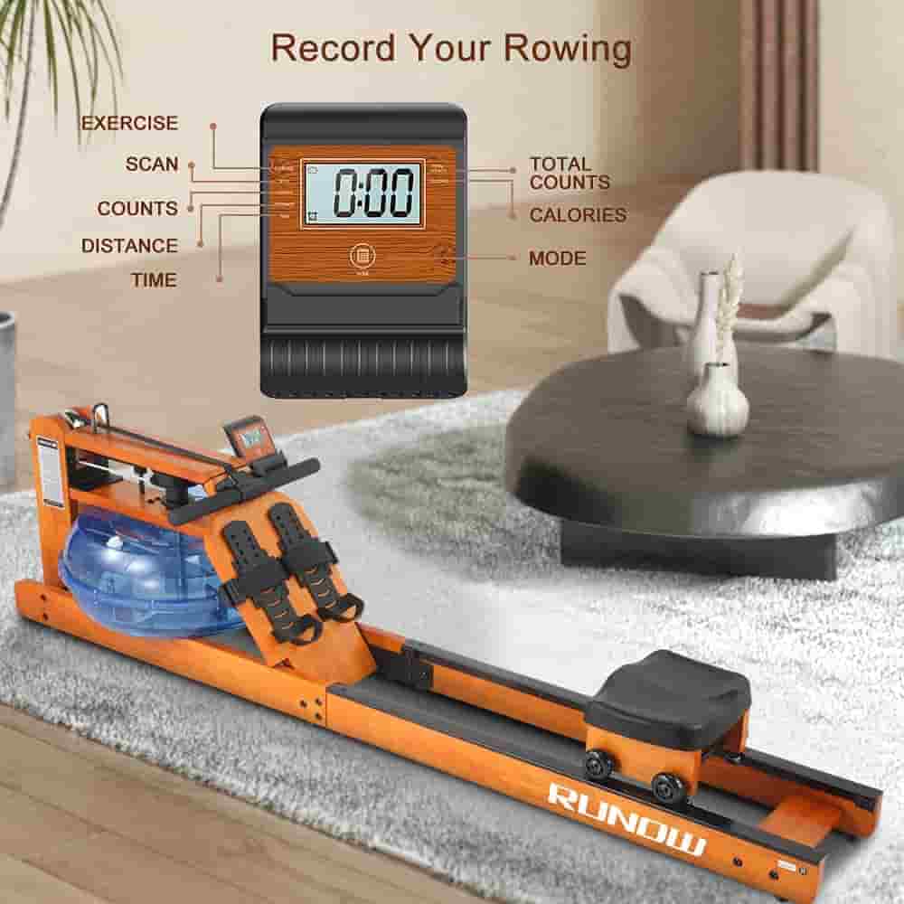 The RUNOW Oak Wood Water Rowing Machine with its LDC monitor