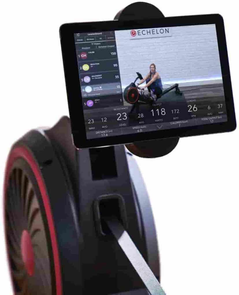 The device holder of the Echelon Smart Rowing Machine with a tablet on it