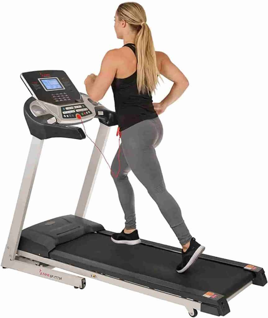 A lady runs on the Sunny Health & Fitness Energy Flex SF-T7724 Treadmill 