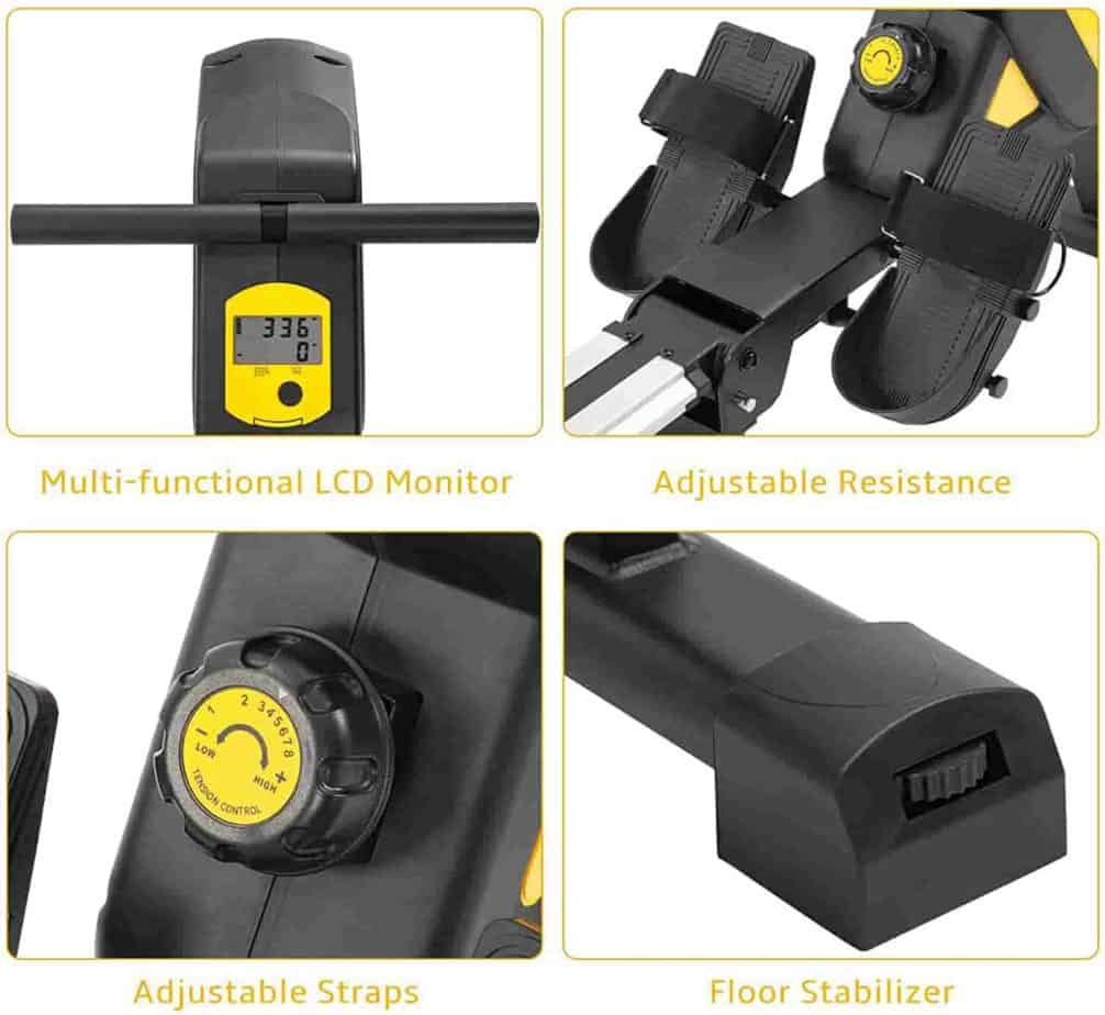 The console, footrests, resistance adjustable knob, and stabilizer of the Merax Folding Magnetic Rowing Machine 