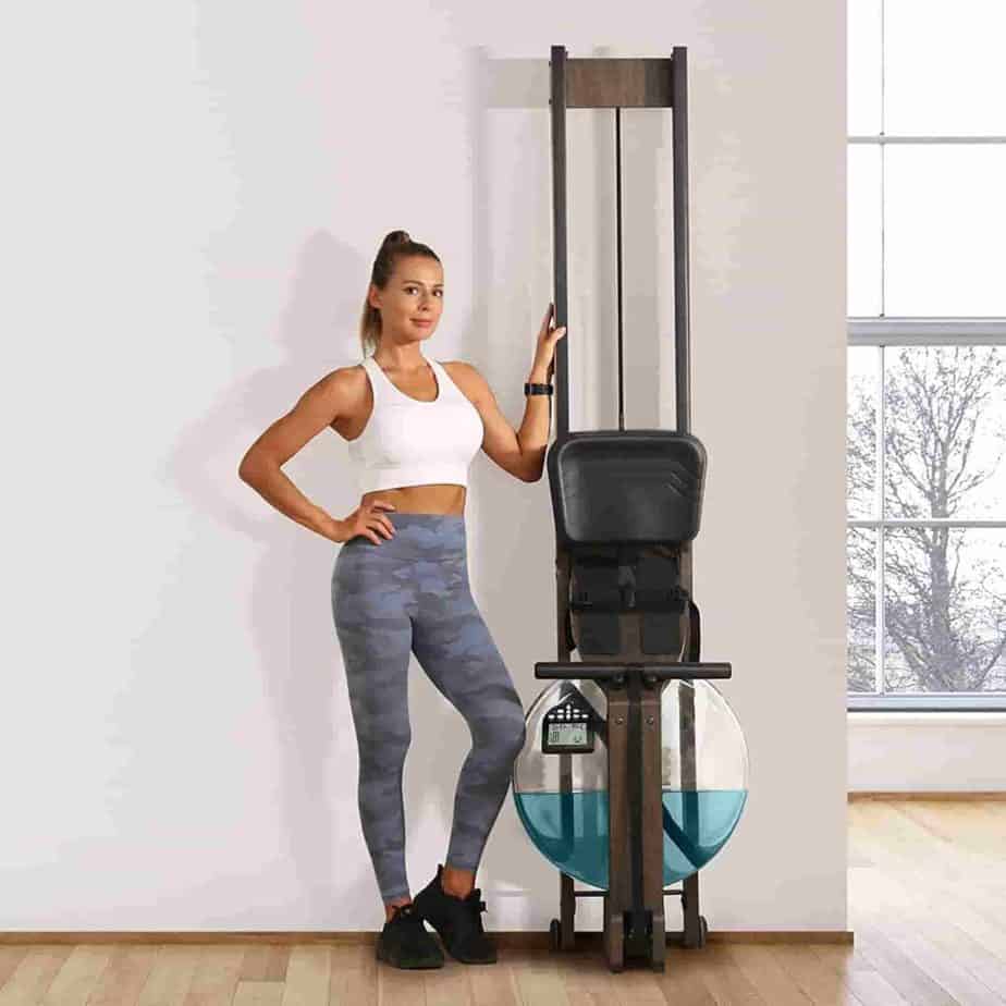 The Micyox QM-3019 Water Rowing Machine is stored vertically